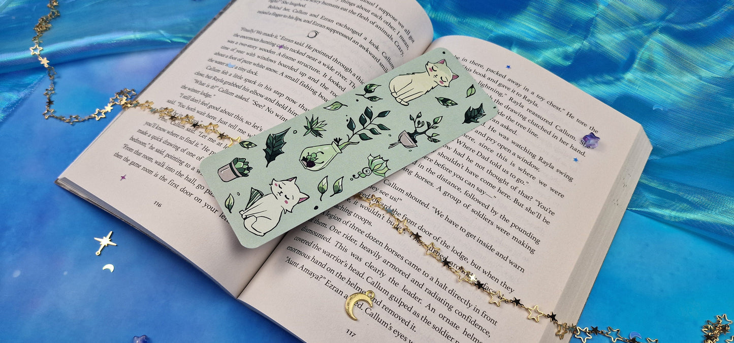 Cozy Green Leaves Cat Bookmark | Cute Kitten & Plants | Soft Cottagecore Aesthetic | Cozy Reading Gift | Book Lover | Nature Accessory