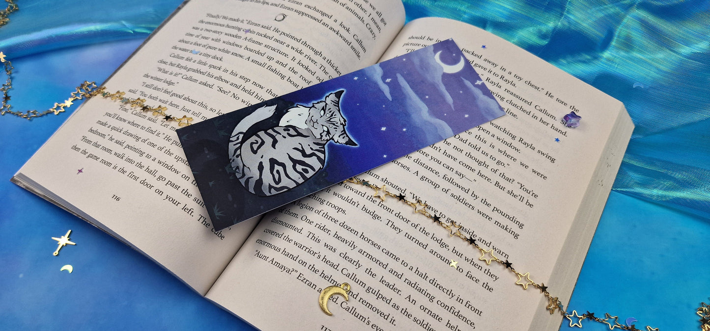 Jayfeather Warrior Cats Bookmark | Fantasy Cat Under Moon & Stars | Purple Sky Aesthetic | Cozy Reading Gift | Book Lover | Warrior Cats Fan