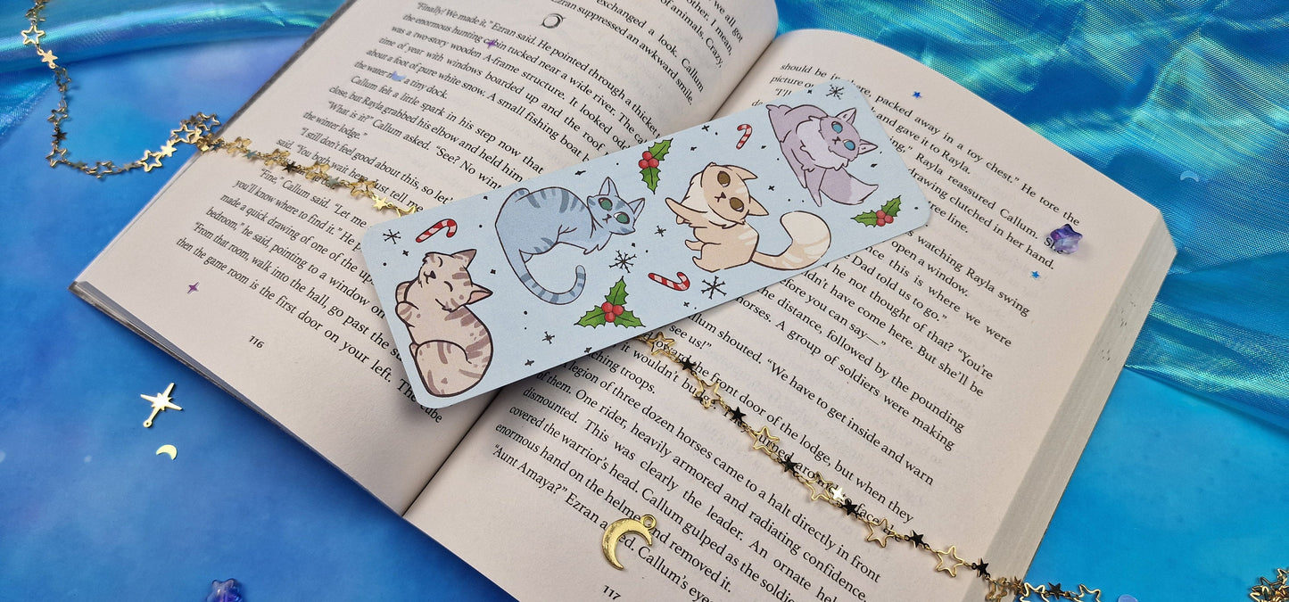 Christmas Kitties Bookmark | Cute Blue Kitten | Reading Gift | Seasonal Xmas Bookmark | Round & Classic Corners