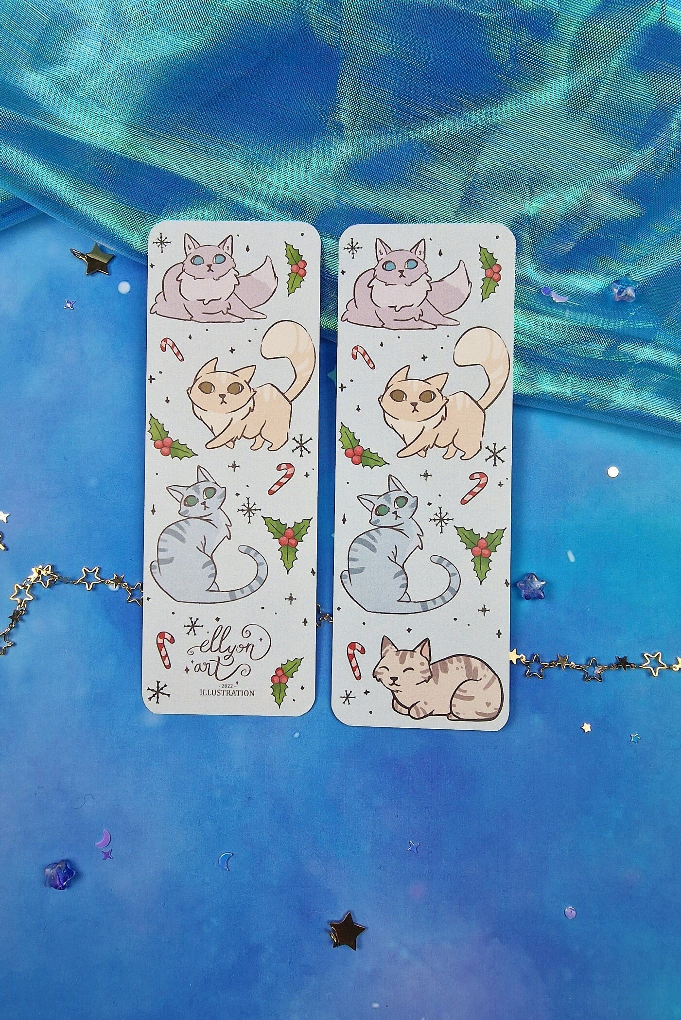 Christmas Kitties Bookmark | Cute Blue Kitten | Reading Gift | Seasonal Xmas Bookmark | Round & Classic Corners