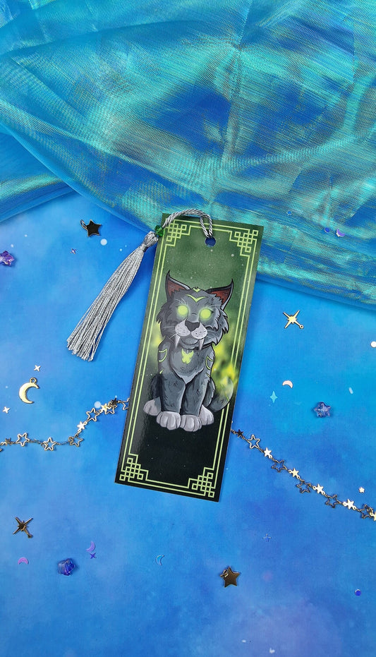 Mischievous Cat Bookmark | Fantasy Feline | Magical Gift | Glossy or Holographic | Game-Inspired Pet | Green-Eyed Cat | Bookish Gift