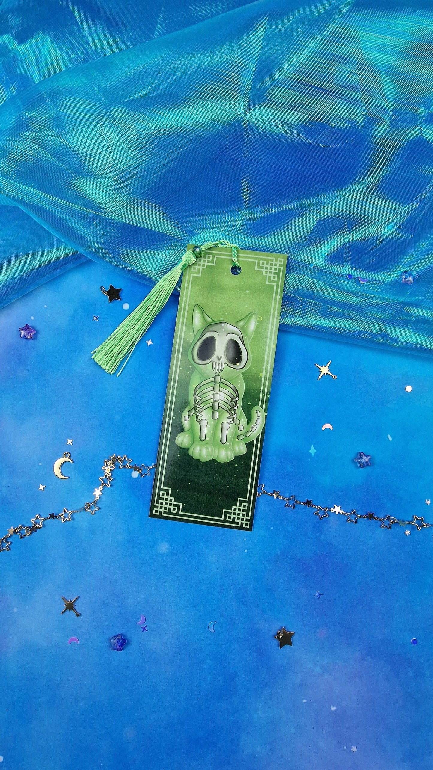 Skeletal Jelly Cat Bookmark | Spooky Green Slime Cat | Glossy or Holographic | Fantasy Game-Inspired Book Gift | Cute & Creepy Companion