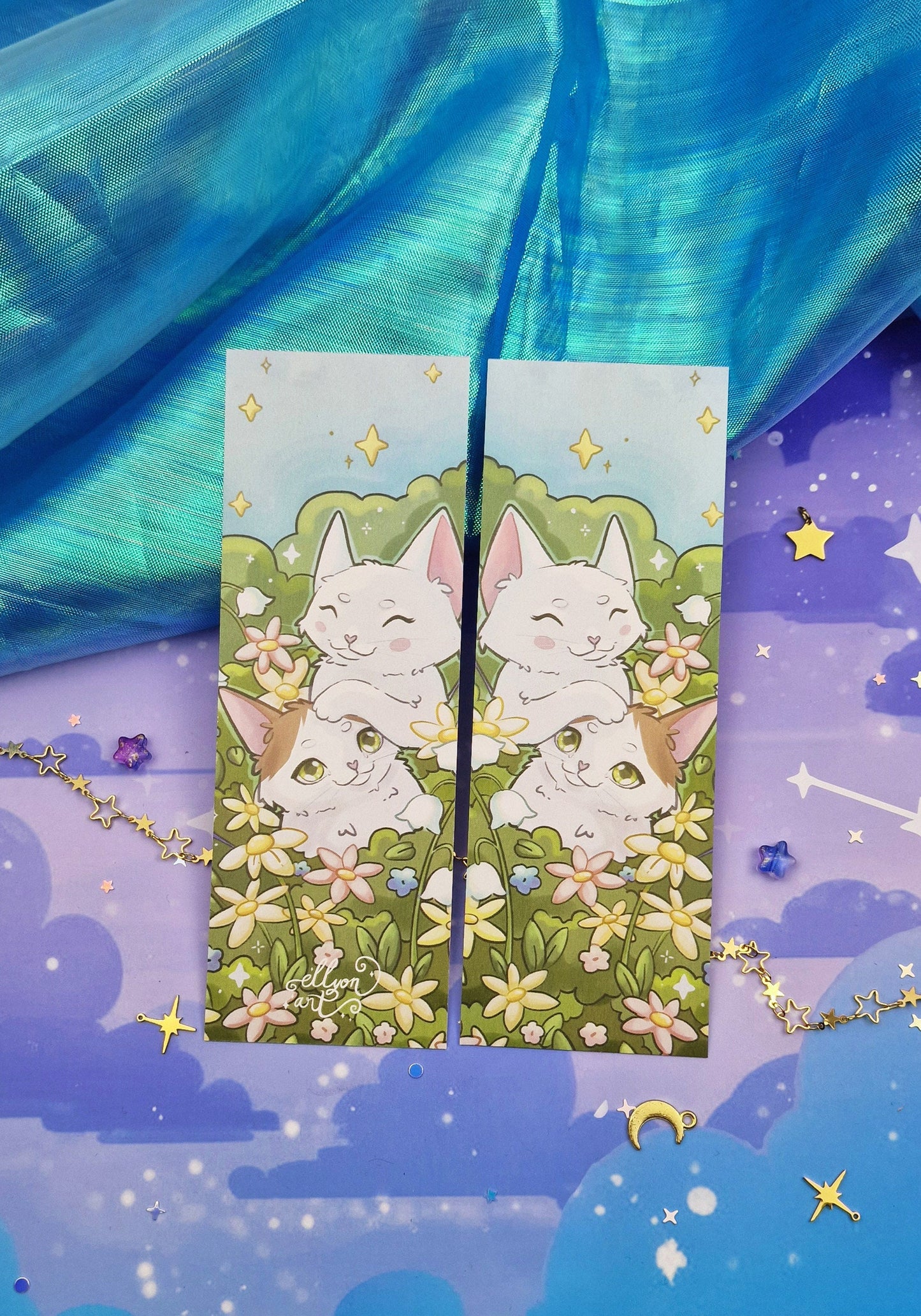 Spring Cats Bookmark | Luni & Saphira | Cute Floral Garden | Cozy Reading Gift | White Kittens | Summer Aesthetic | Book Lover Accessory