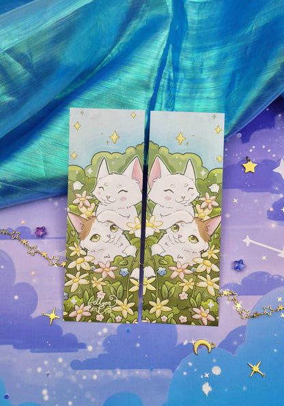 Spring Cats Bookmark | Luni & Saphira | Cute Floral Garden | Cozy Reading Gift | White Kittens | Summer Aesthetic | Book Lover Accessory