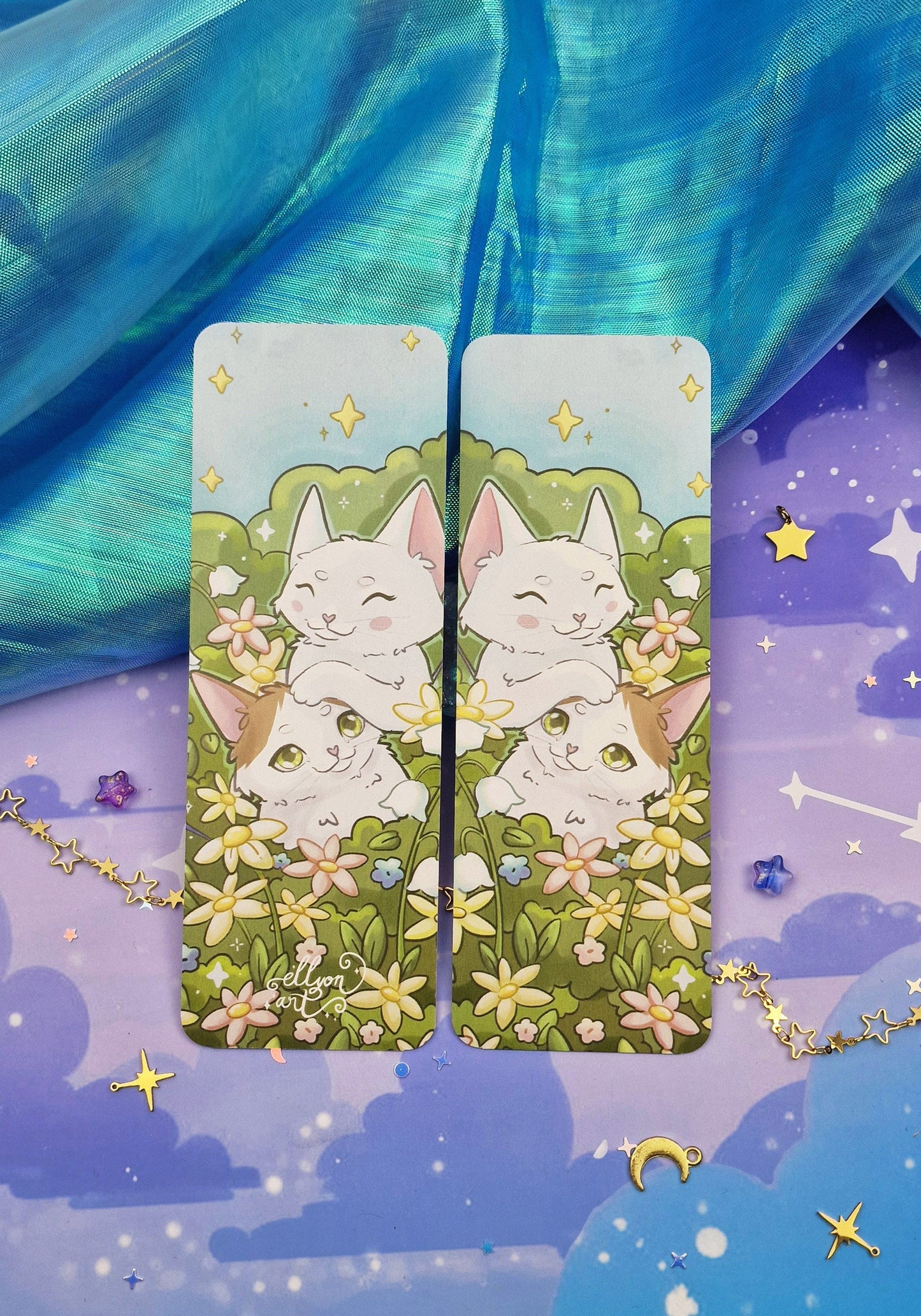 Spring Cats Bookmark | Luni & Saphira | Cute Floral Garden | Cozy Reading Gift | White Kittens | Summer Aesthetic | Book Lover Accessory