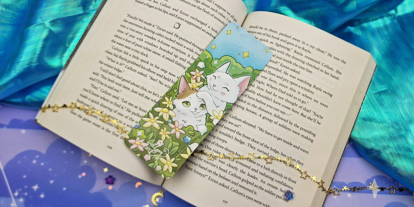 Spring Cats Bookmark | Luni & Saphira | Cute Floral Garden | Cozy Reading Gift | White Kittens | Summer Aesthetic | Book Lover Accessory