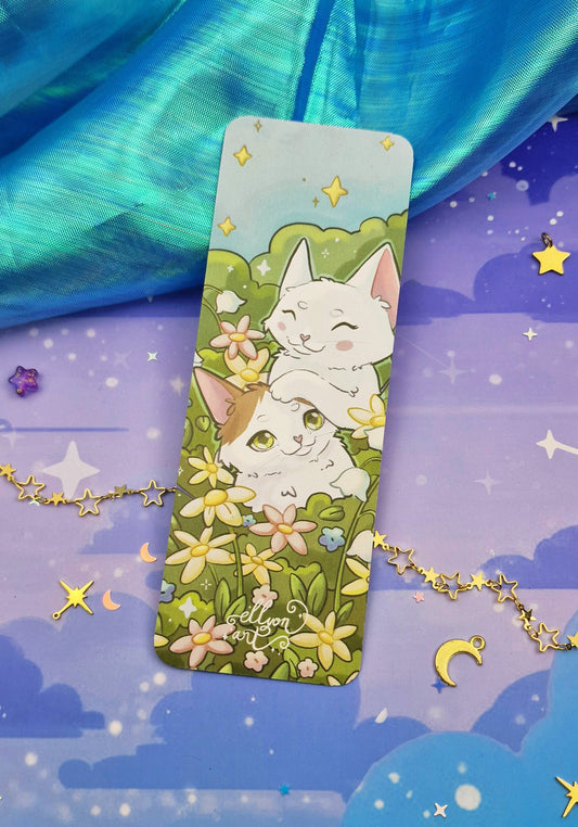 Spring Cats Bookmark | Luni & Saphira | Cute Floral Garden | Cozy Reading Gift | White Kittens | Summer Aesthetic | Book Lover Accessory