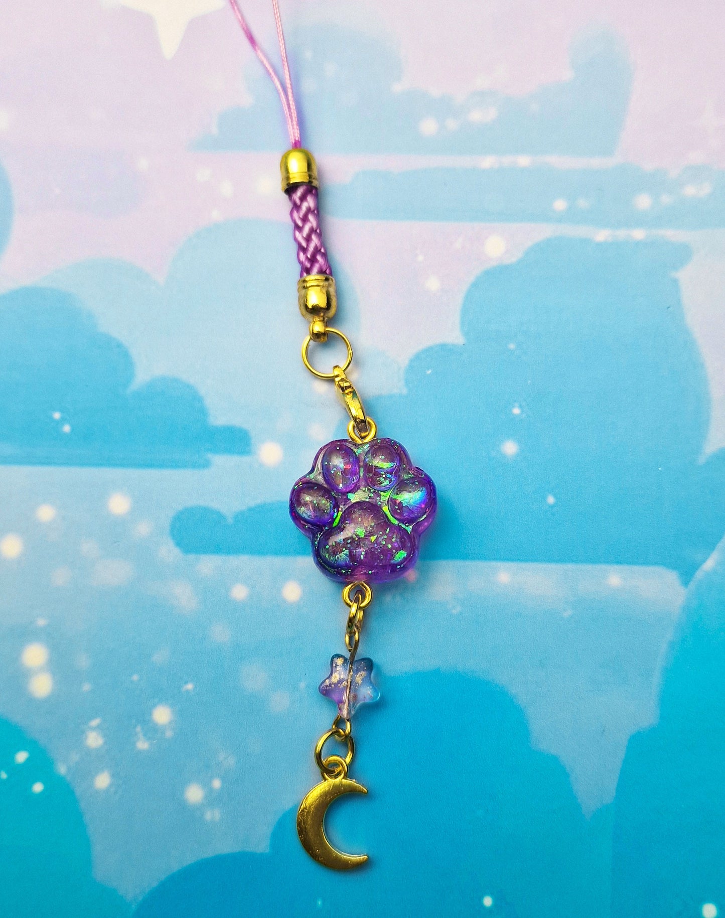 Paw | Cute | Purple | Cat | Keychain | Kawaii | ellyonart | Accessory | Resin | Glitter | Keyring | Stars | Moon | Gift