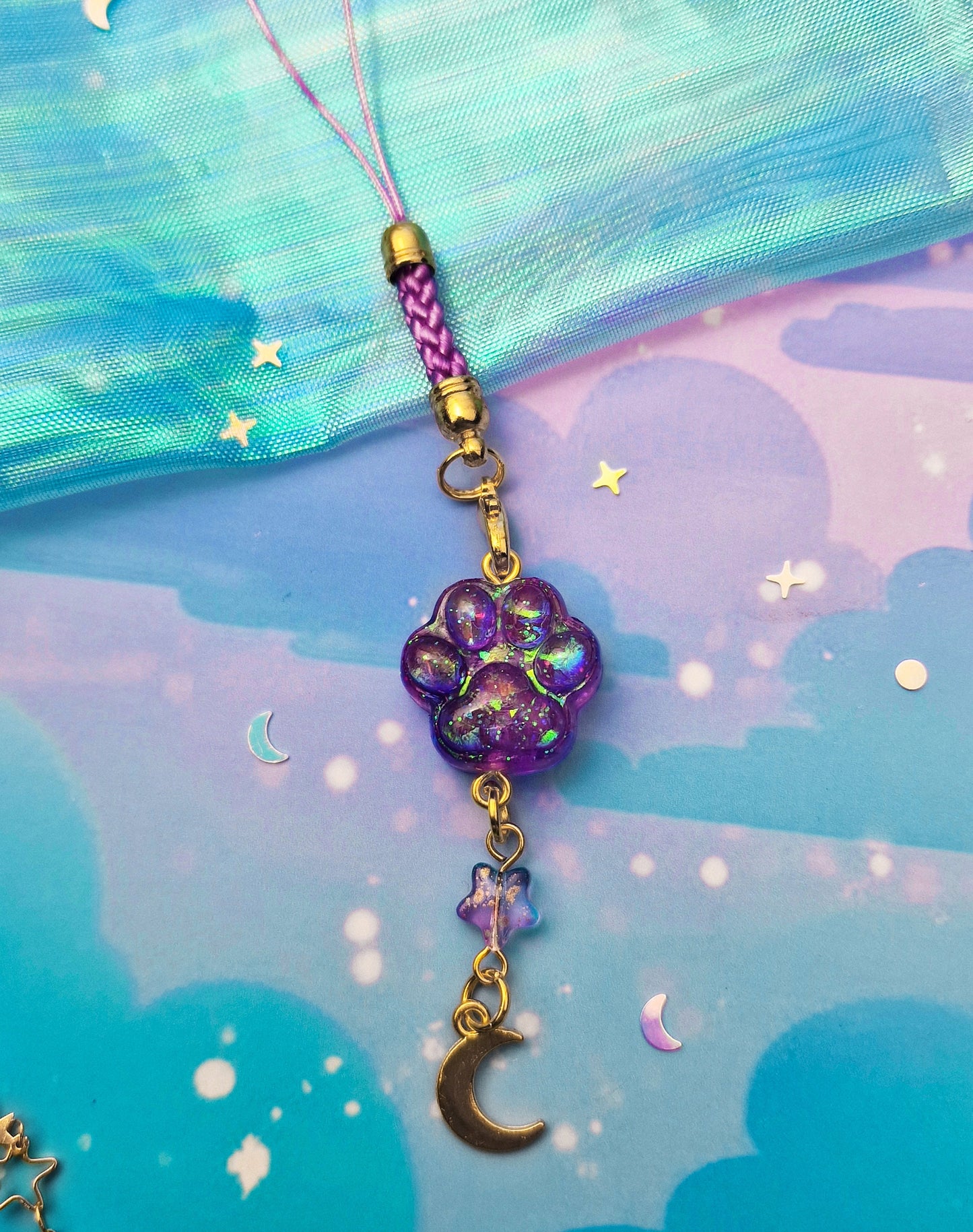 Paw | Cute | Purple | Cat | Keychain | Kawaii | ellyonart | Accessory | Resin | Glitter | Keyring | Stars | Moon | Gift