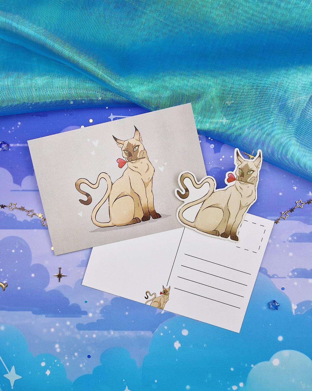 Heart Lolly Cat A6 Art Print & Sticker | Cute Siamese | Matte Postcard | Fantasy Art Gift