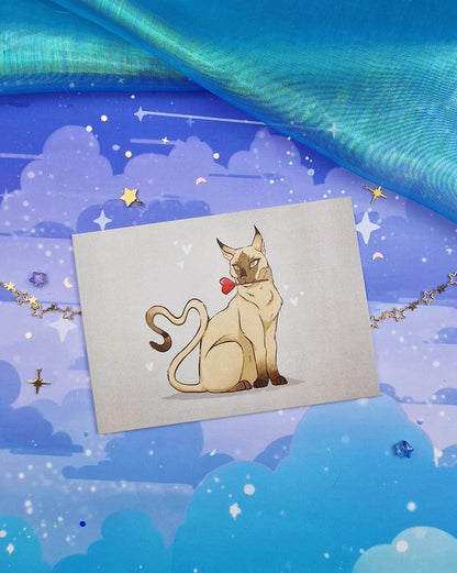 Heart Lolly Cat A6 Art Print & Sticker | Cute Siamese | Matte Postcard | Fantasy Art Gift