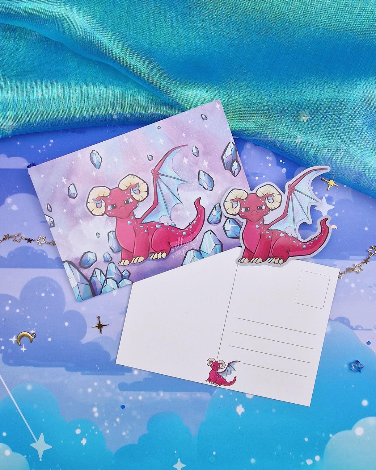 Aries Dragon Art Print & Holographic Sticker and Postcard