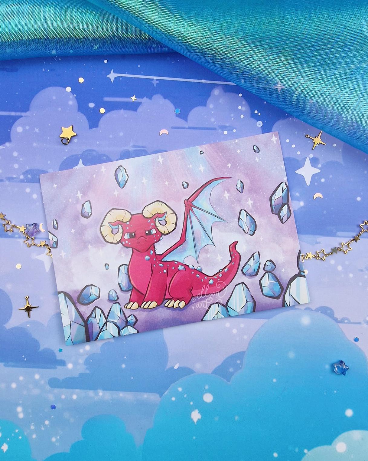 Aries Dragon Art Print & Holographic Sticker and Postcard